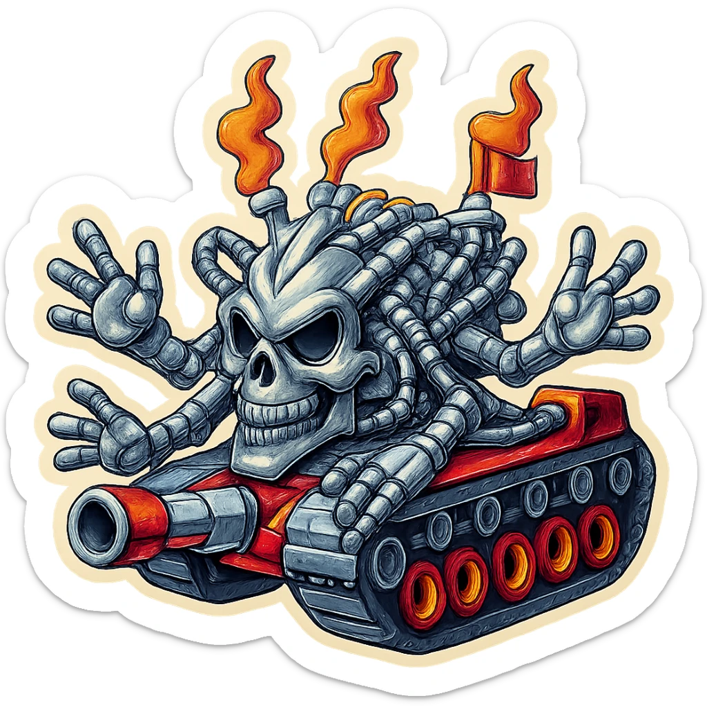 Edit the skull robot tank to have 4 distinct arms. All metal parts should be shiny greyscale without any blue or purple tints. Include some vibrant color accents on non-metal elements. Maintain the retro stickers style with a clean outline and transparent background. sticker