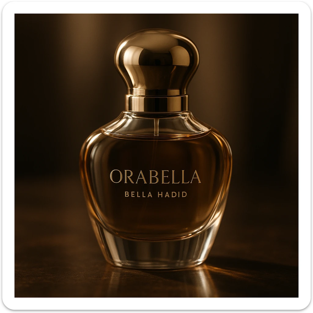 cinematic, realistic 3D rendering of the Orabella fragrance bottle by Bella Hadid, elegant lighting, luxury product photography style sticker