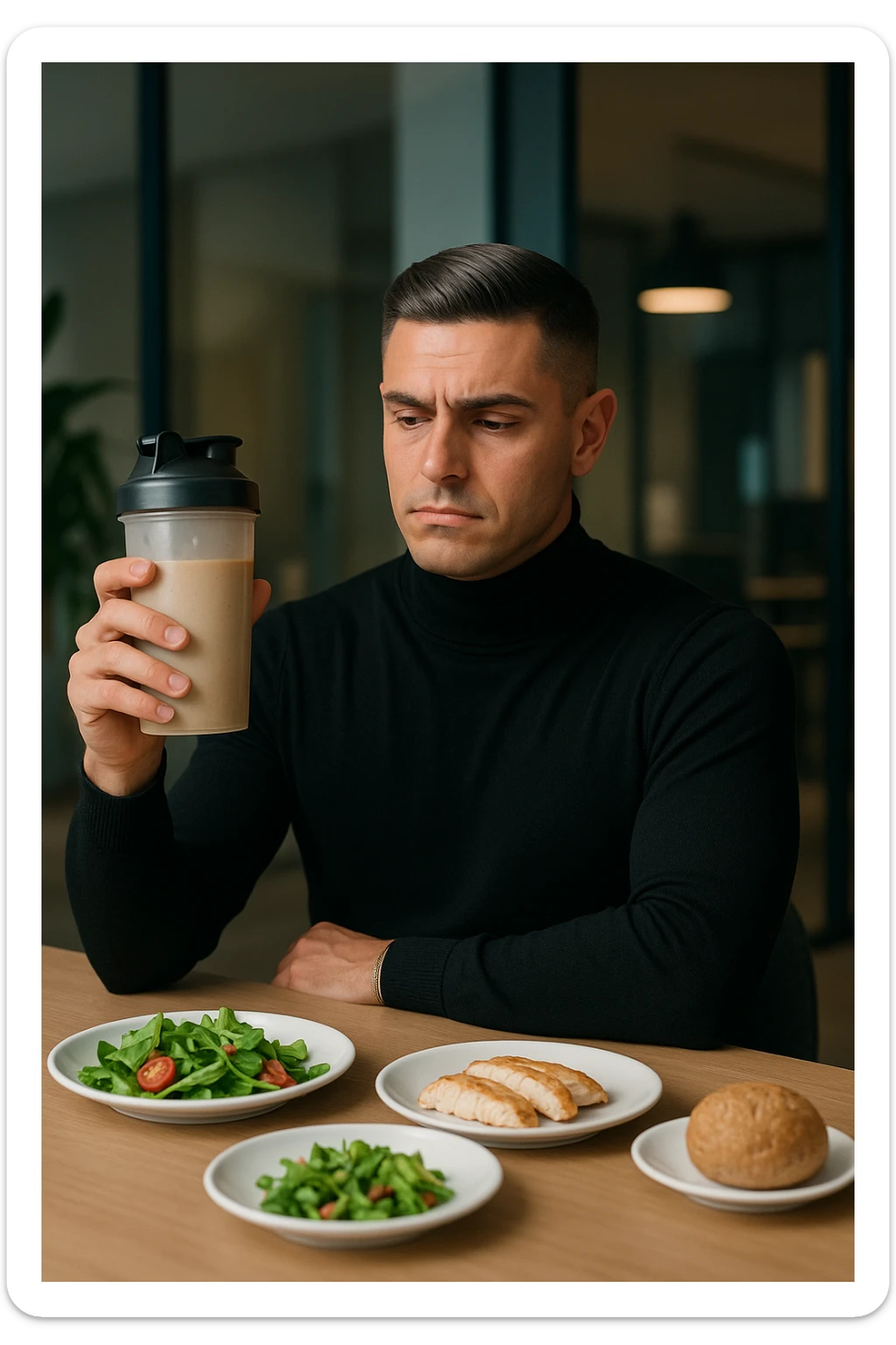 un uomo in abiti da ufficio tiene in mano uno shaker o una bottiglia di sostituto pasto, guardandolo con un’espressione neutra o leggermente indecisa. Sul tavolo davanti a lui ci sono piatti di cibo solido non toccati, come insalata, pollo e pane, a sottolineare la sua scelta di evitare il pasto tradizionale. L’atmosfera è moderna e riflessiva. sticker