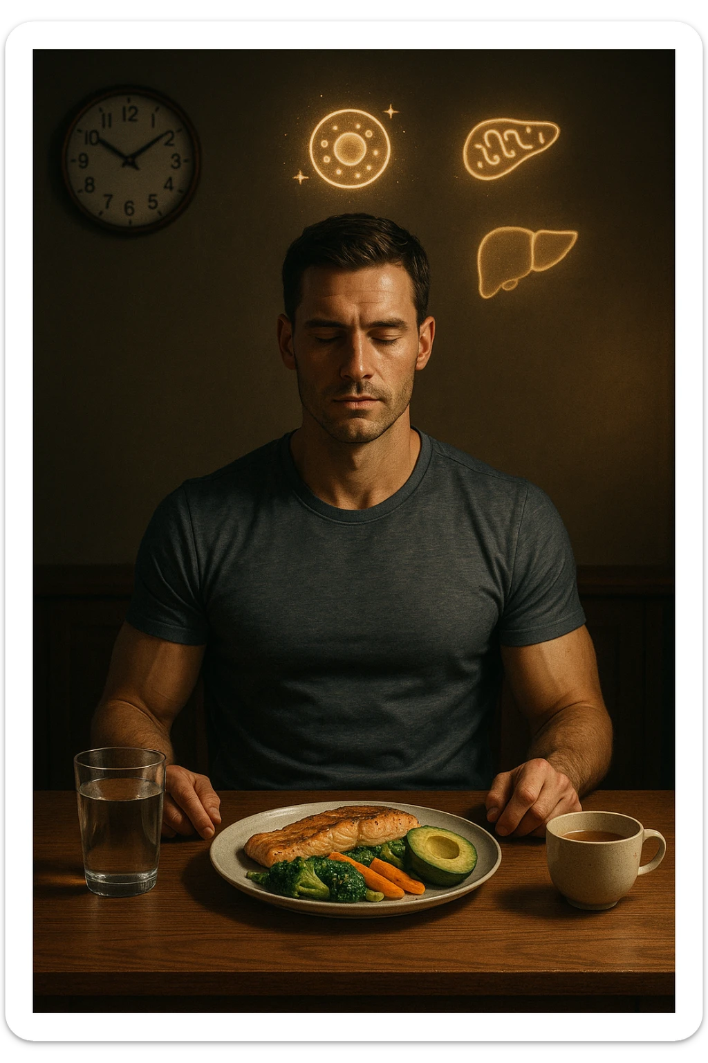 A realistic, cinematic illustration of a healthy, fit man in his early 30s with a calm, disciplined expression, sitting at a clean wooden table in the evening with a single, balanced, nutrient-dense meal in front of him (grilled salmon, colorful vegetables, avocado). The rest of the day he drinks only water and herbal tea, visible in a glass and a simple cup on the side. A wall clock in the background shows 6:00 PM, emphasizing that this is his only meal of the day (OMAD). Subtle glowing icons above him display a regenerating cell, mitochondria, and a liver symbol, representing autophagy, longevity, and health benefits of OMAD. The lighting is warm, with cinematic shadows and natural tones, creating a sense of discipline, mental clarity, and health optimization. The man looks centered and content, showing that OMAD is a conscious choice for energy and regeneration, not restrizione. The scene is realistic with slight film grain for depth sticker