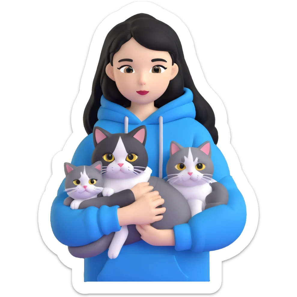Girl with black hair in gray hoodie with a British shorthair blue and white cat and a long-haired blue and white cat sticker