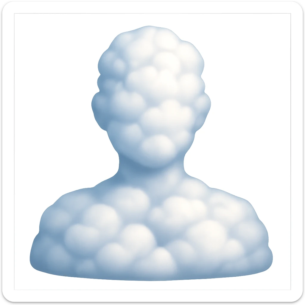 contour of a person from shoulders up facing forward, filled entirely with 3D fluffy white clouds inside, volumetric, soft, realistic lighting and shadows, in the style of Apple emoji clouds, front view sticker