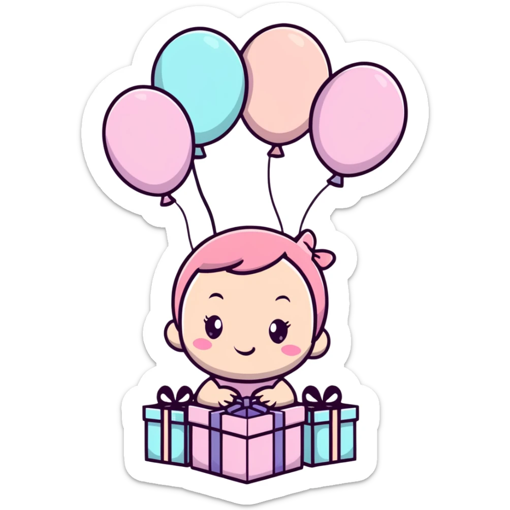 happy baby girl surrounded by pastel pink balloons and presents at birthday party sticker