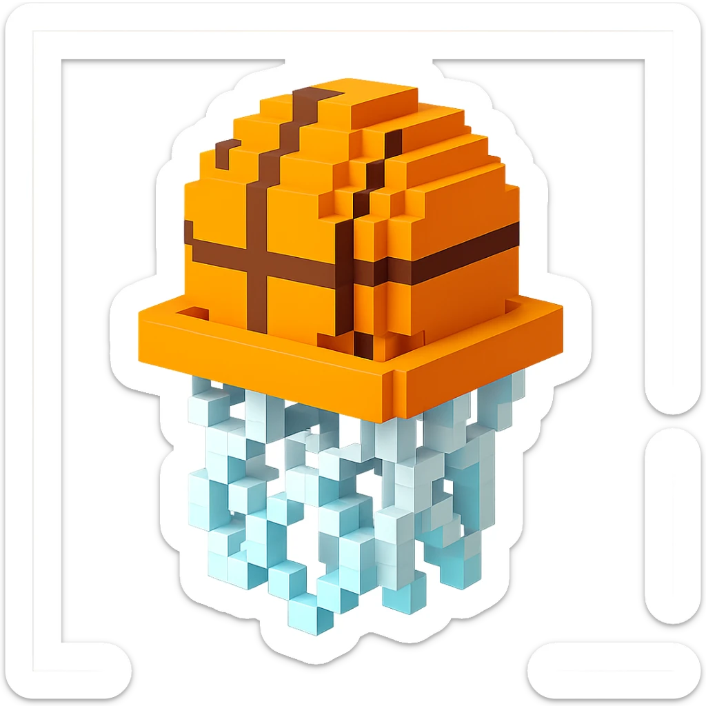 A voxel-style basketball in a net, colorful and vibrant sticker