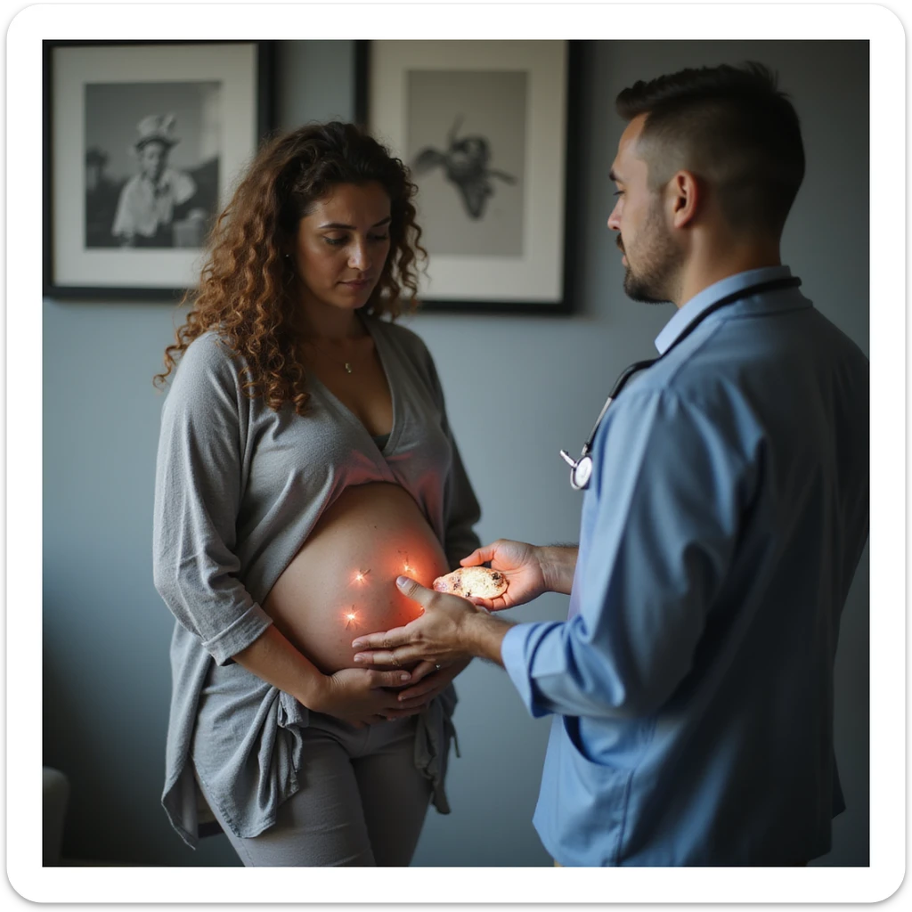 realistic pregnant woman in 4K consulting a doctor or nutritionist, the professional showing her an image of parasites in salmon, she nods worriedly sticker