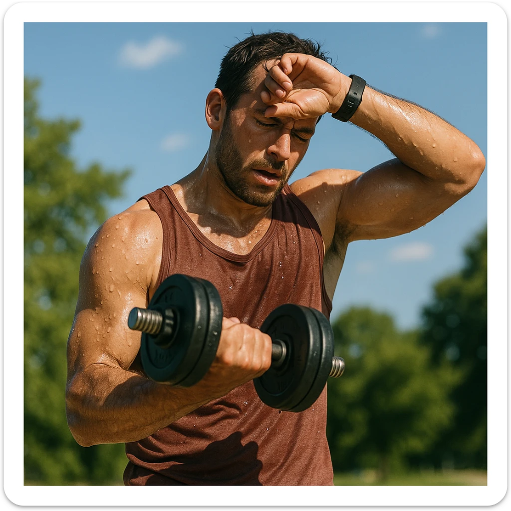 uomo fitness che si allena in estate, tutto sudato, con una mano fa un curl manubri mentre con l'altra mano si asciuga il sudore dalla fronte, espressione affaticata in volto sticker