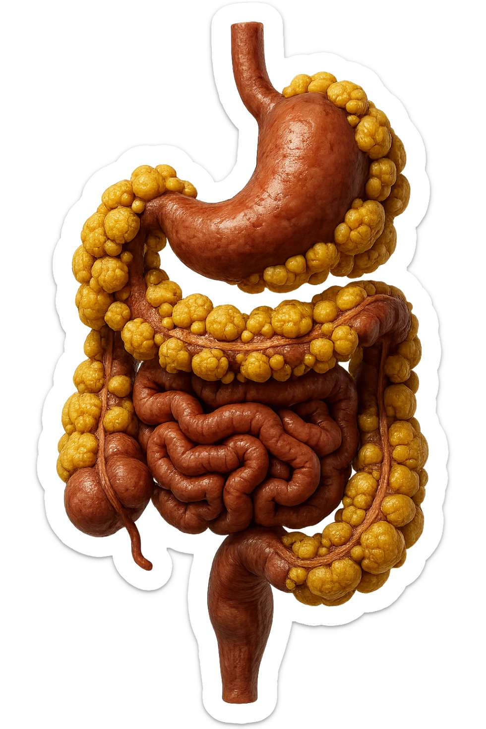 STOMACO E INTESTINO SONO VERTICALMENTE COLLEGATI E INTORNO A QUESTI ORGANI CI SONO CELLULE DI GRASSO GIALLE ATTACCATE SOPRA A GRAPPOLI, IPERREALISTICO 4K sticker