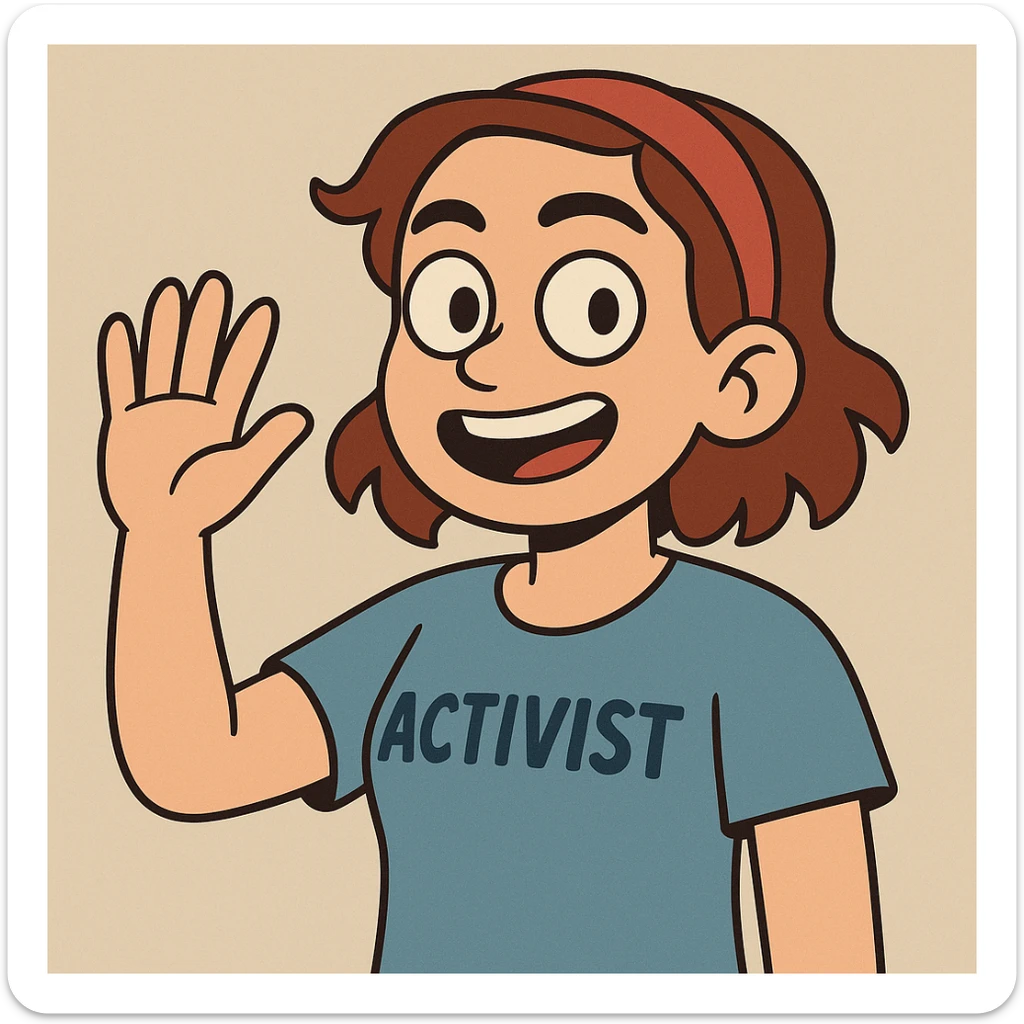 3D face of an activist girl waving her hand in a blue T-shirt sticker