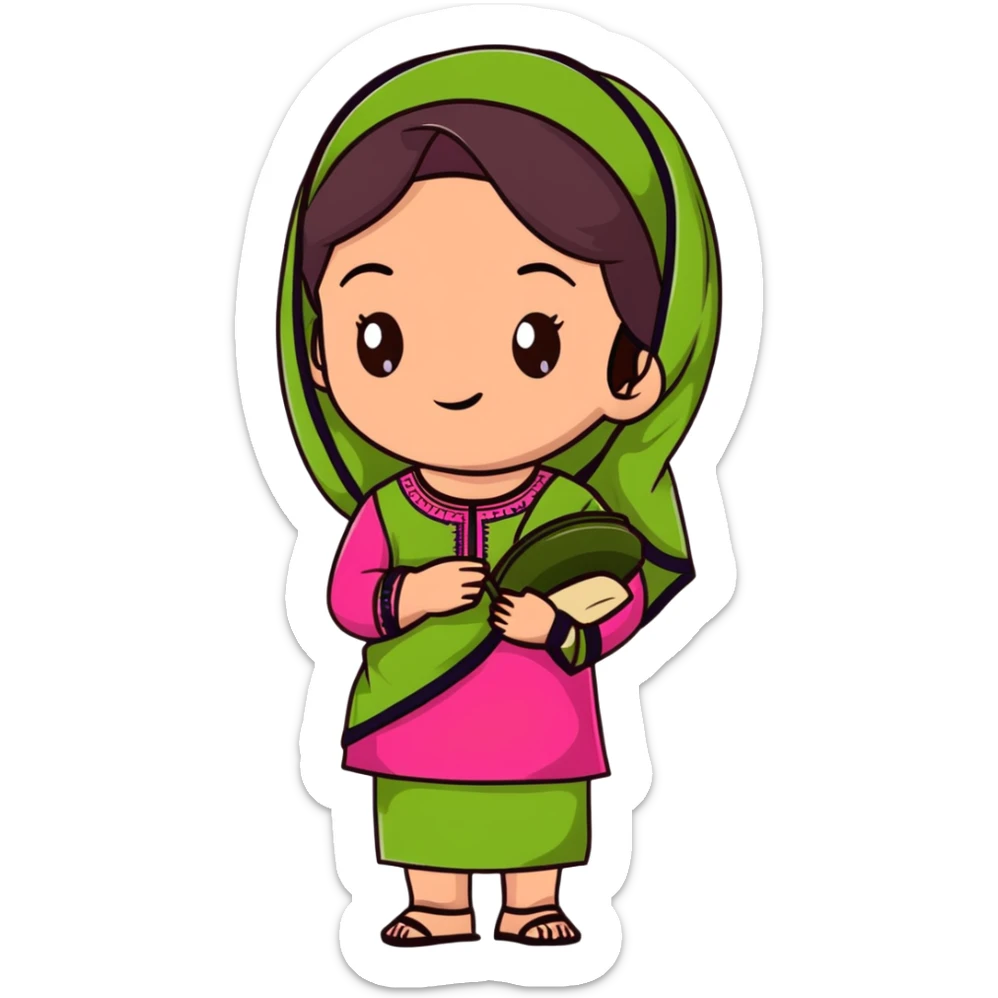 girl with light wheatish skin, dark brown hair, wearing dark pink kurti with sage green dupatta on head sticker