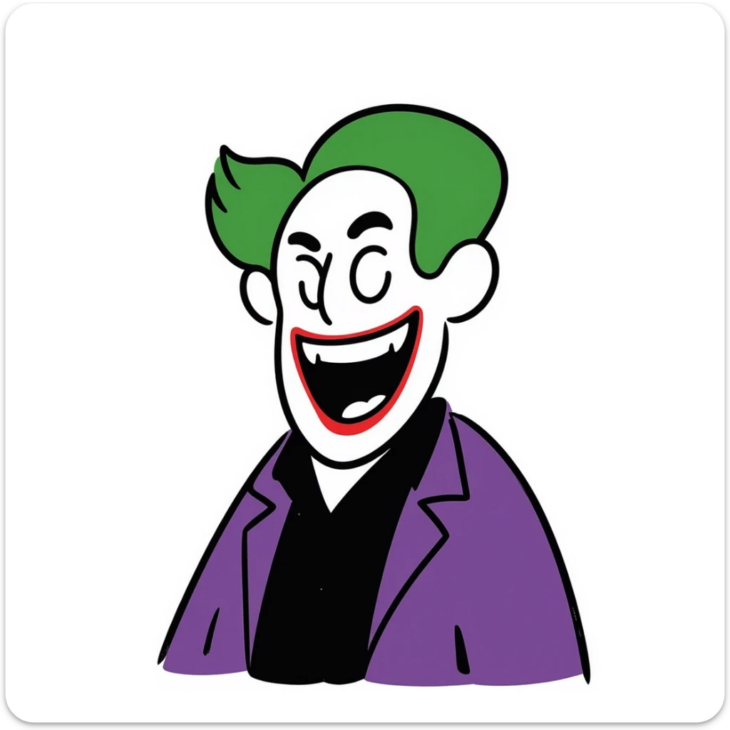 The Joker villain full body with green hair, purple suit, white face, red lips, maniacal laugh sticker