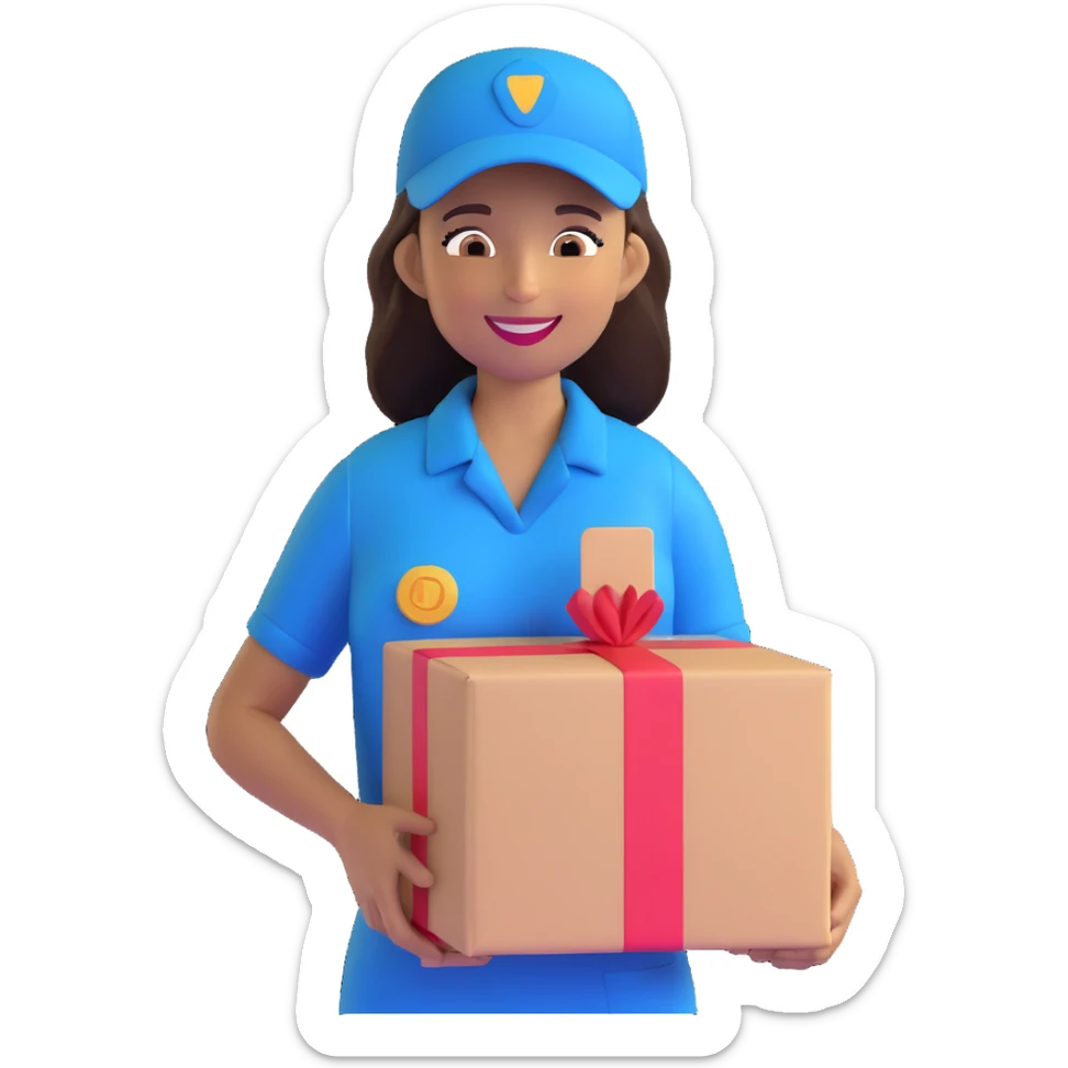 mujer de piel morena entregando un paquete, sonriente, uniforme de repartidora sticker