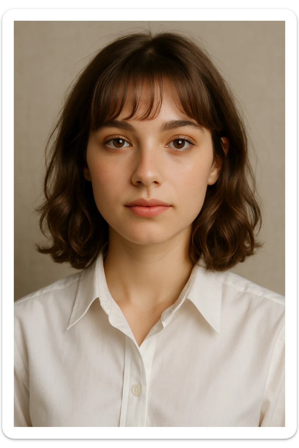 portrait of a 22-year-old woman with brown eyes, light brown shoulder-length hair with soft curls and bangs, light makeup, wearing a white dress shirt sticker