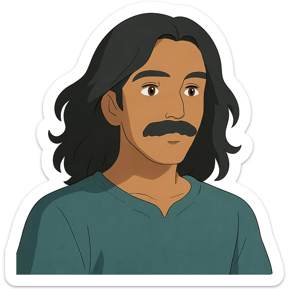ghibli style illustration of a man with long black hair, mustache, no beard, brown skin sticker