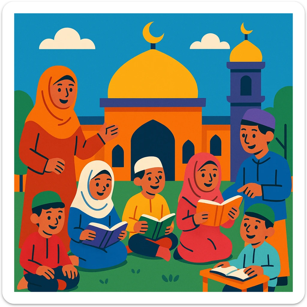 vibrant and colorful illustration of an Islamic school with children and teachers sticker