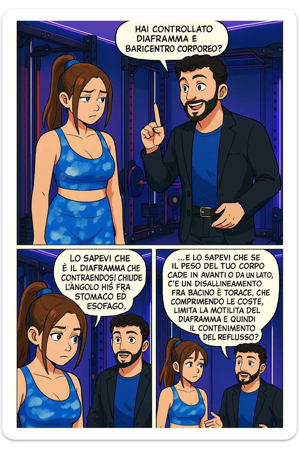 TRASFORMA QUESTO CAROSELLO IN UN FUMETTO STILE WEBTOON/MANGA A COLORI CON QUESTE DUE PERSONE IDENTICHE CHE INTERLOQUISCONO TRA LORO, L'uomo sta spiegando alla donna questo concetto:

LUI (UOMO): Hai controllato diaframma e baricentro corporeo?
LUI (UOMO): Lo sapevi che è il diaframma che contraendosi chiude l’angolo his fra stomaco ed esofago, contenendo la risalita degli acidi grassi?
LUI (UOMO): …e lo sapevi che se il peso del tuo corpo cade in avanti o da un lato, c’è un disallineamento fra bacino e torace, che comprimendo le coste, limita la motilità del diaframma e quindi il contenimento del reflusso? sticker