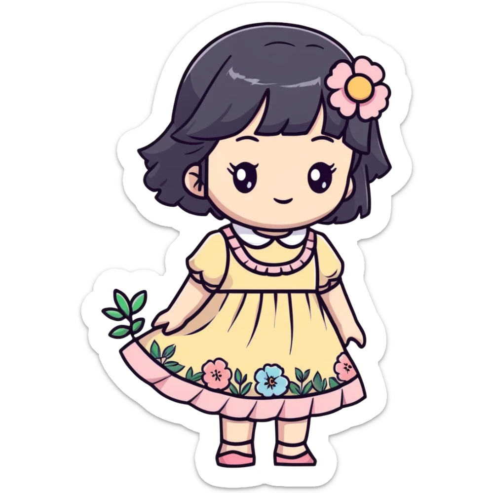 Adorable anime girl with black hair in a beautiful cottagecore dress with pastel colors and floral elements sticker
