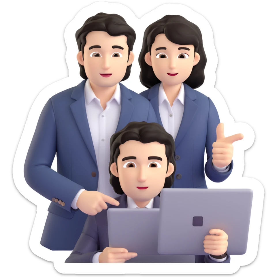 Business strategist with black wavy hair, stubble, chiseled face, wearing blazer and button-up shirt, mentoring a younger professional, leaning forward with engaged expression, pointing at document or laptop, in a one-on-one coaching session sticker