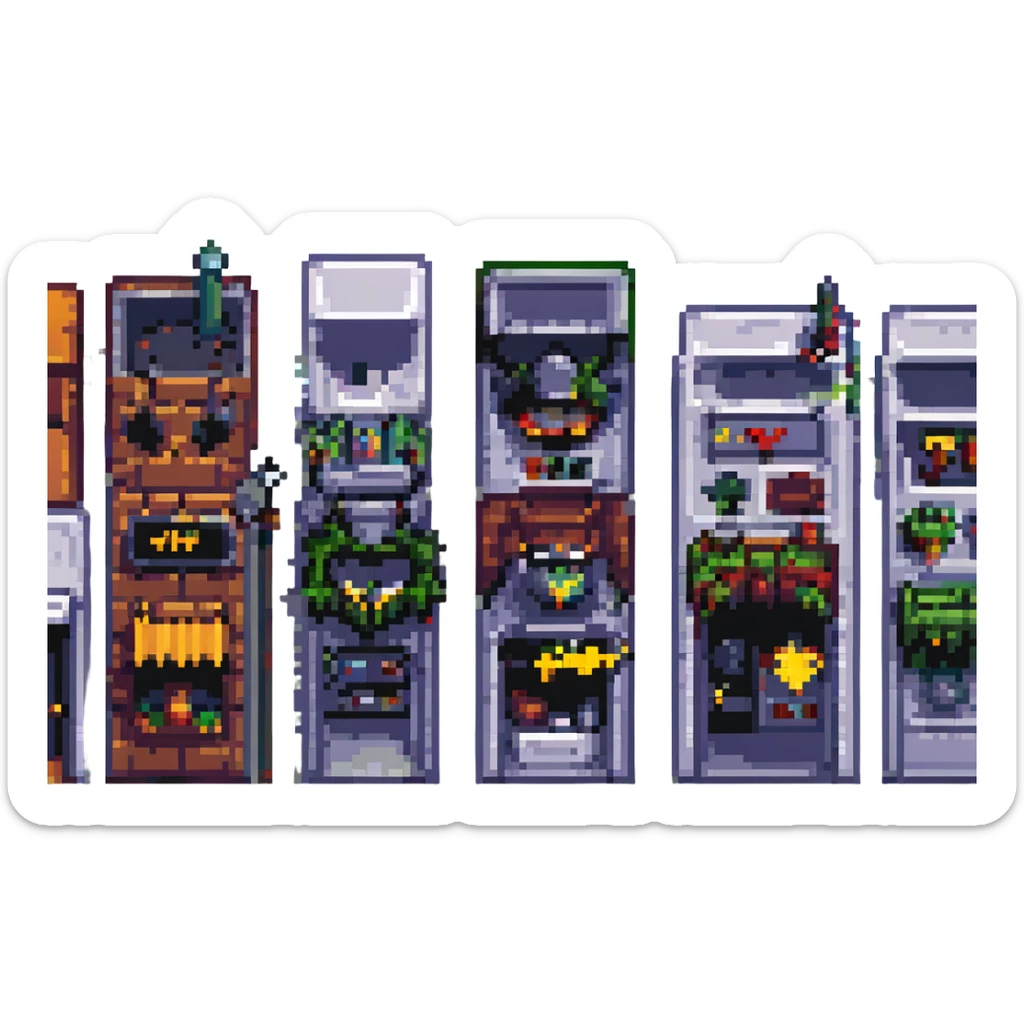 Wide pixel art background of a dark Gotham City street. Empty road with sidewalk, flickering lamppost casting light, trash bins nearby, distant shadowy silhouettes. Tall buildings in the background, moody atmosphere, subtle rain or fog. sticker