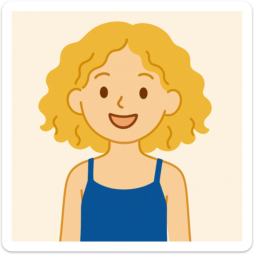 A girl with golden curly hair, brown eyes, blue camisole dress, cheerful, minimal style sticker