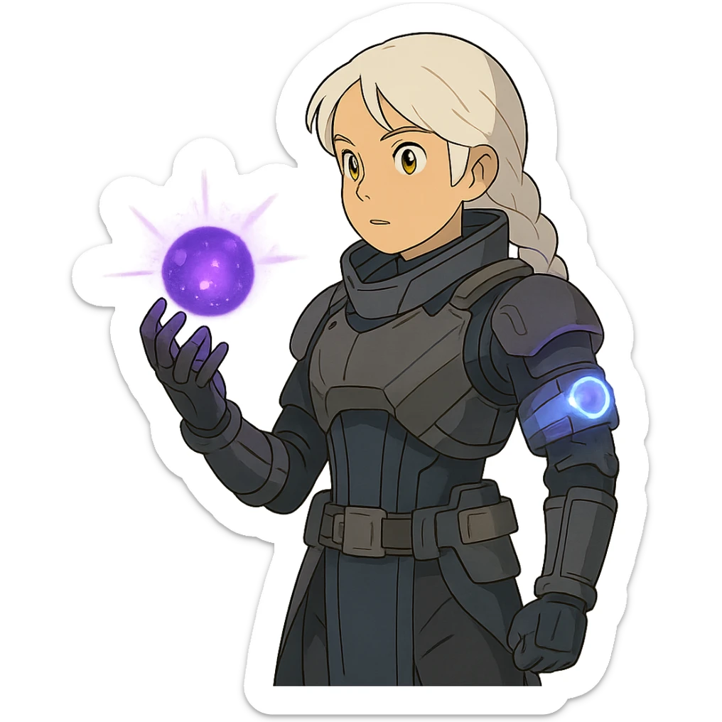 1 female, white hair long braid, gold yellow eyes, no helmet, a novice warlock from Destiny 2 armor, charging a void grenade in her hand, futuristic technology, with a glowing warlock bond, level 1 warlock sticker
