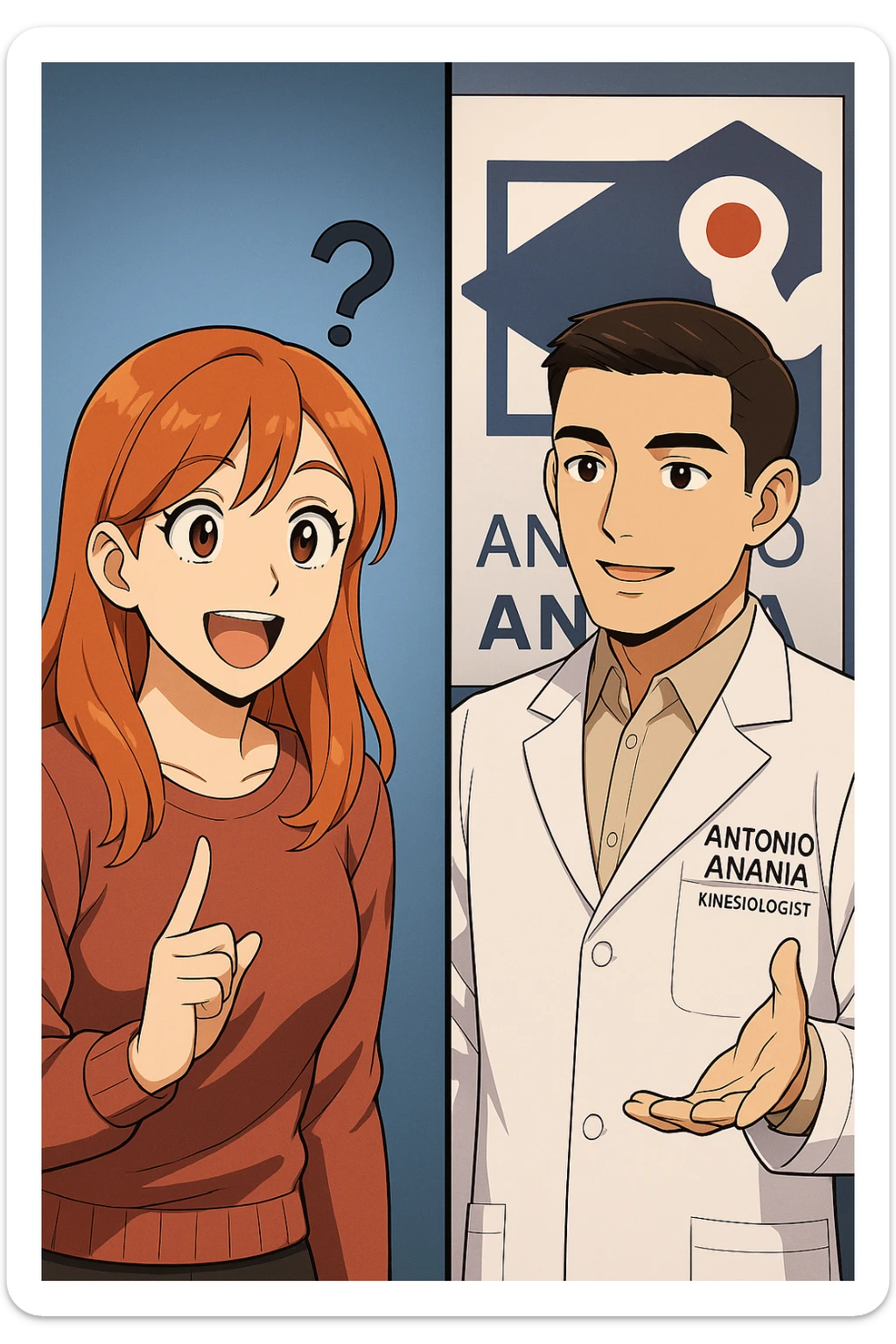 su questo stile fai un manga/webtoon a colori in cui C'è UNA STRISCIA CON FOCUS SUL VOLTO DELLA donna CON ESPRESSIONE DI STUPORE CHE ESCLAMA UNA COSA FELICE, MENTRE NELLA STRISCIA A DESTRA SI VEDE, l'uomo della foto in stile manga LE SPIEGA CHE DEVE PROVARE LA SUA VALUTAZIONE MEDICA, mantieni un ambiente simile alla foto che ho allegato con il suo logo (sarebbe il suo studio, lui è un kinesiologo), scrivigli "ANTONIO ANANIA" sul camice bianco, non mettere fumetti, ma fai in modo che sembri che la donna CHIEDA E  l'uomo RISPONDA sticker