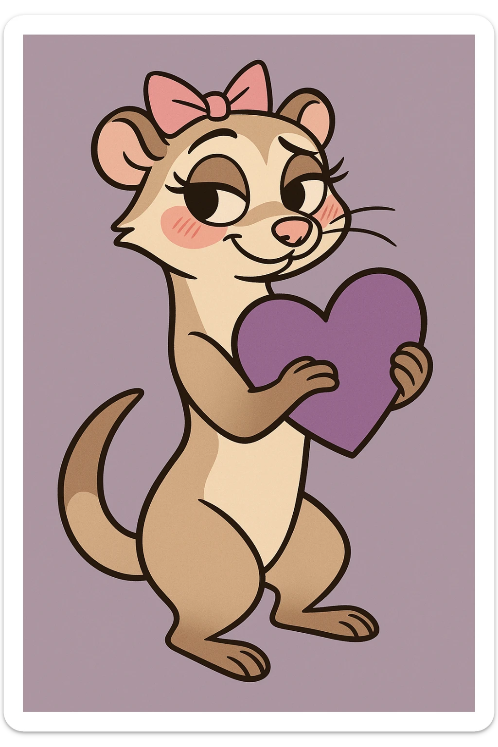 coquette ferret with a purple heart, cartoon style, big eyes, blushing cheeks, flirty pose sticker