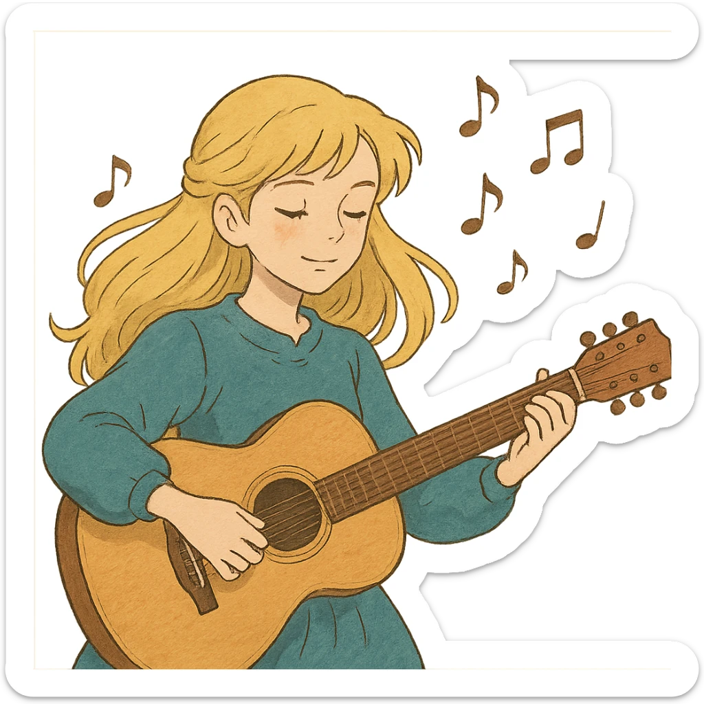 ghibli style illustration of a beautiful blonde girl playing guitar with music notes in the air sticker