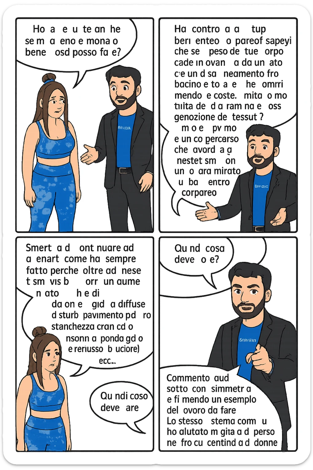 TRASFORMA QUESTO CAROSELLO IN UN FUMETTO CON QUESTE DUE PERSONE IDENTICHE CHE INTERLOQUISCONO TRA LORO:

Ho la cellulite anche se mi alleno e mangio bene, cosa posso fare?

Hai controllato il tuo baricentro corporeo?
Sapevi che se il peso del tuo corpo cade in avanti o da un lato, c’è un disallineamento fra bacino e torace, che comprimendo le coste, limita la motilità del diaframma e l’ossigenazione dei tessuti?
Il mio è il primo e unico percorso che lavora sugli inestetismi con un lavoro mirato sul baricentro corporeo.

Smettila di continuare ad allenarti come hai sempre fatto perché, oltre ad inestetismi visibili, corri un aumentato rischio di:
    • dolori e rigidità diffuse
    • disturbi pavimento pelvico
    • stanchezza cronica o insonnia
    • pancia gonfia e reflusso (bruciore)
    • etc…


Quindi cosa devo fare?
Commenta, qua sotto, con “simmetria” e ti mando un esempio del lavoro da fare. Lo stesso sistema con cui ho aiutato migliaia di persone, fra cui centinaia di donne a risolvere definitivamente gli inestetismi.
Metterei il prima e dopo

Se vuoi che ti aiuti personalmente
SCRIVIMI IN DIRECT sticker