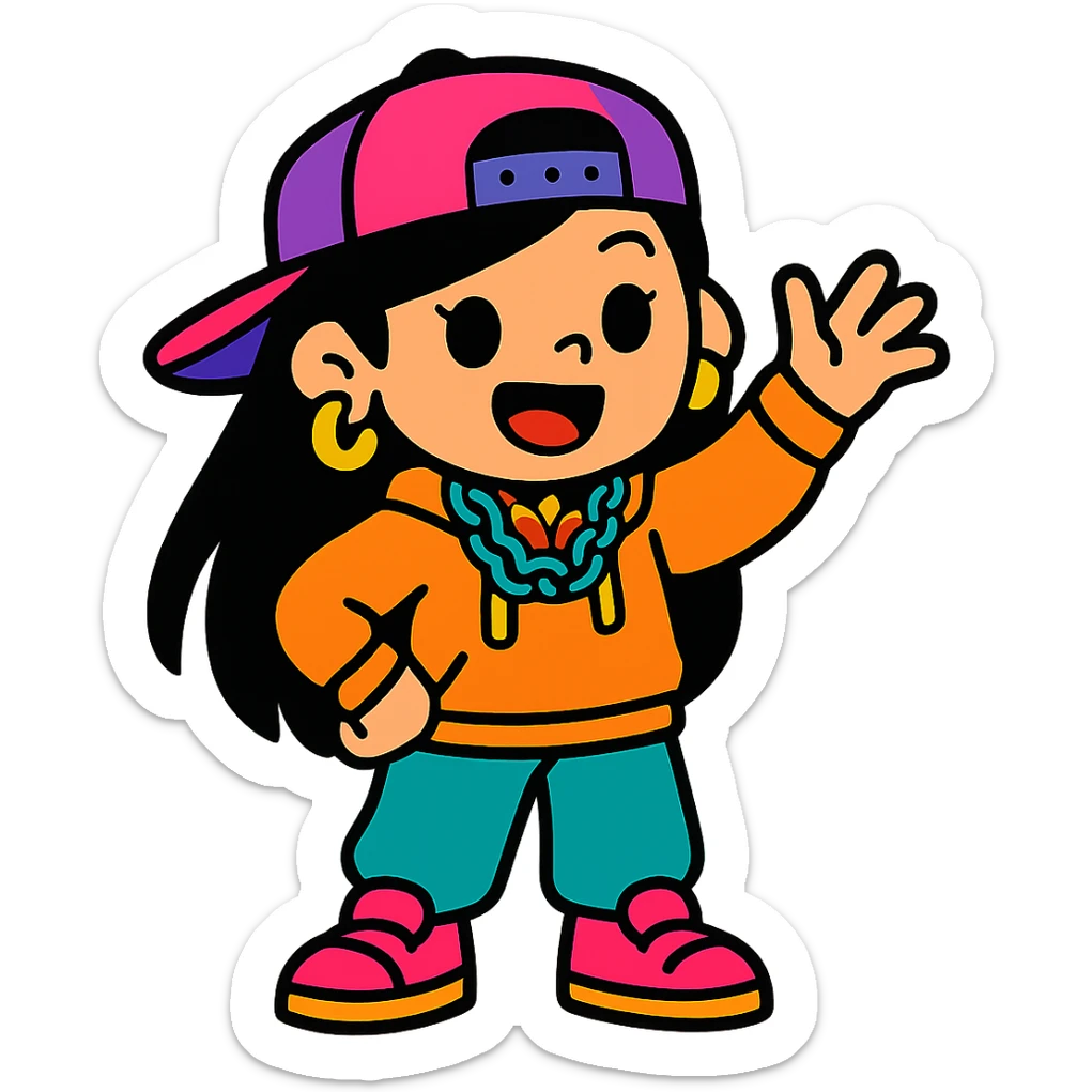 Edit the image to depict a girly girl with long black hair, wearing a trendy streetwear outfit in vibrant toon style, with no background. sticker