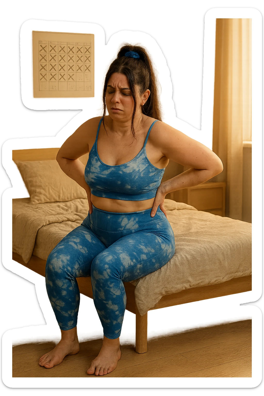 a woman in her 30s sits on the edge of her bed in the morning, holding her lower back with a pained expression. Subtle visual cues, like uneven shoulders or hips, hint at postural asymmetry. The room is softly lit, and a calendar on the wall shows months crossed off, symbolizing chronic pain over the years. sticker