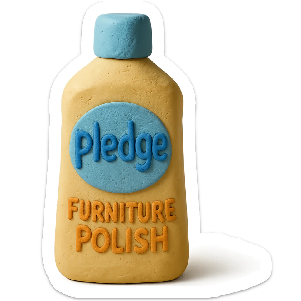 claymation style bottle of furniture polish inspired by Pledge, yellow and blue label, pastel colors, visible fingerprints, soft matte finish sticker