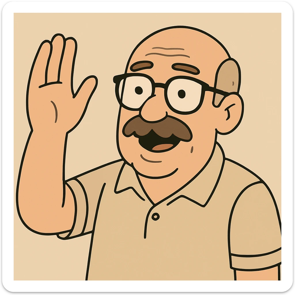 Add glasses to the older bald man with mustache raising his hand, keeping the cartoon style and background as in the reference image. sticker