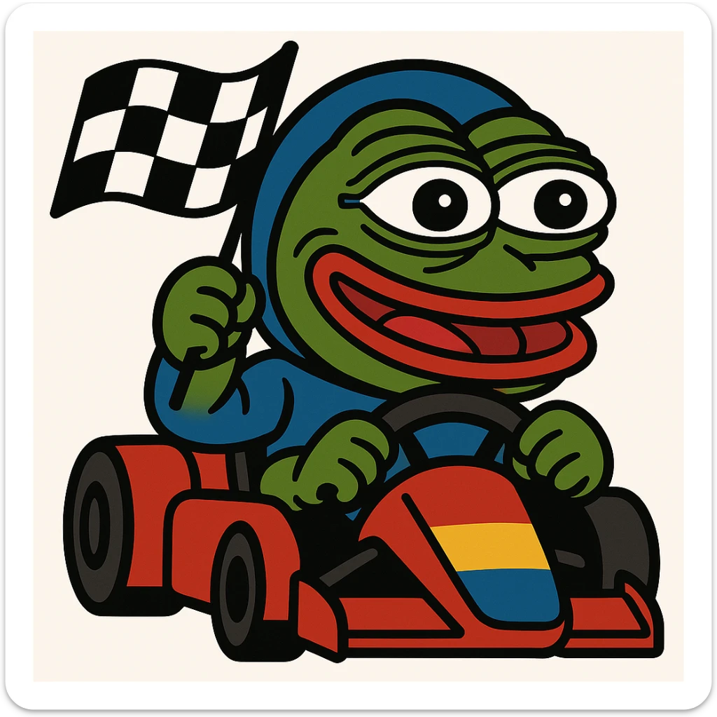 Add a waving checkered flag to the scene with Pepe the Frog driving an F1 race car, keeping the fun mascot style consistent with Pepe the Frog style. sticker