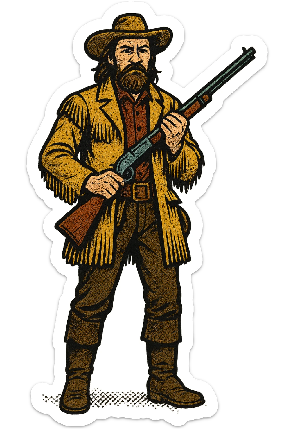 The full body of a buffalo hunter from the 1870s looking straight ahead with his rifle sticker