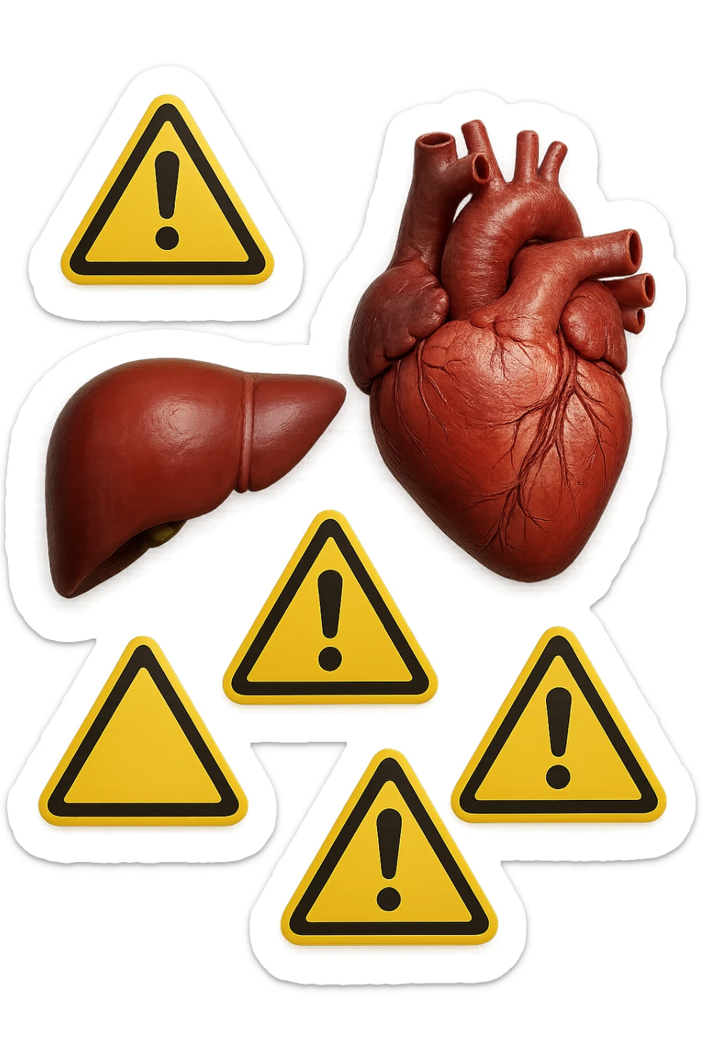 emoji stile iphone di fegato e cuore anatomici realistici in 3d che fluttuano in aria insieme a segnali di pericolo, FALLO MOLTO REALISTICO IN 3D sticker