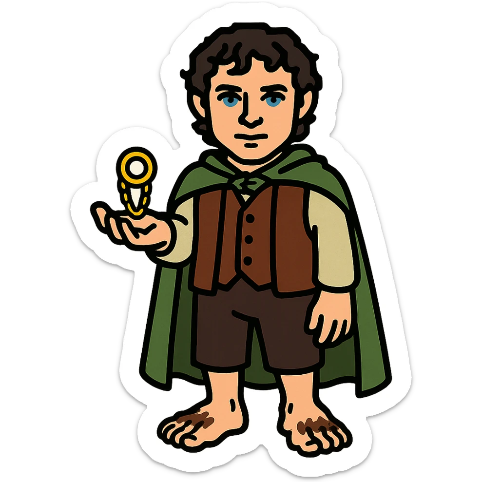 Whole body image of Frodo Baggins from the lord of the rings movie in pixel art style. Make Frodo look like the actor that portrayed him in the movie, Elijah Wood, blue eyes and dark curly hair. Frodo is wearing the same green elven cloak with the leaf buckle, brown vest, cream undershirt, dark brown leather short pants, and hairy hobbit feet. He is holding the one ring in the palm of his outstretched hand. the ring is golden yellow and a golden link chain necklace is strung through it. sticker