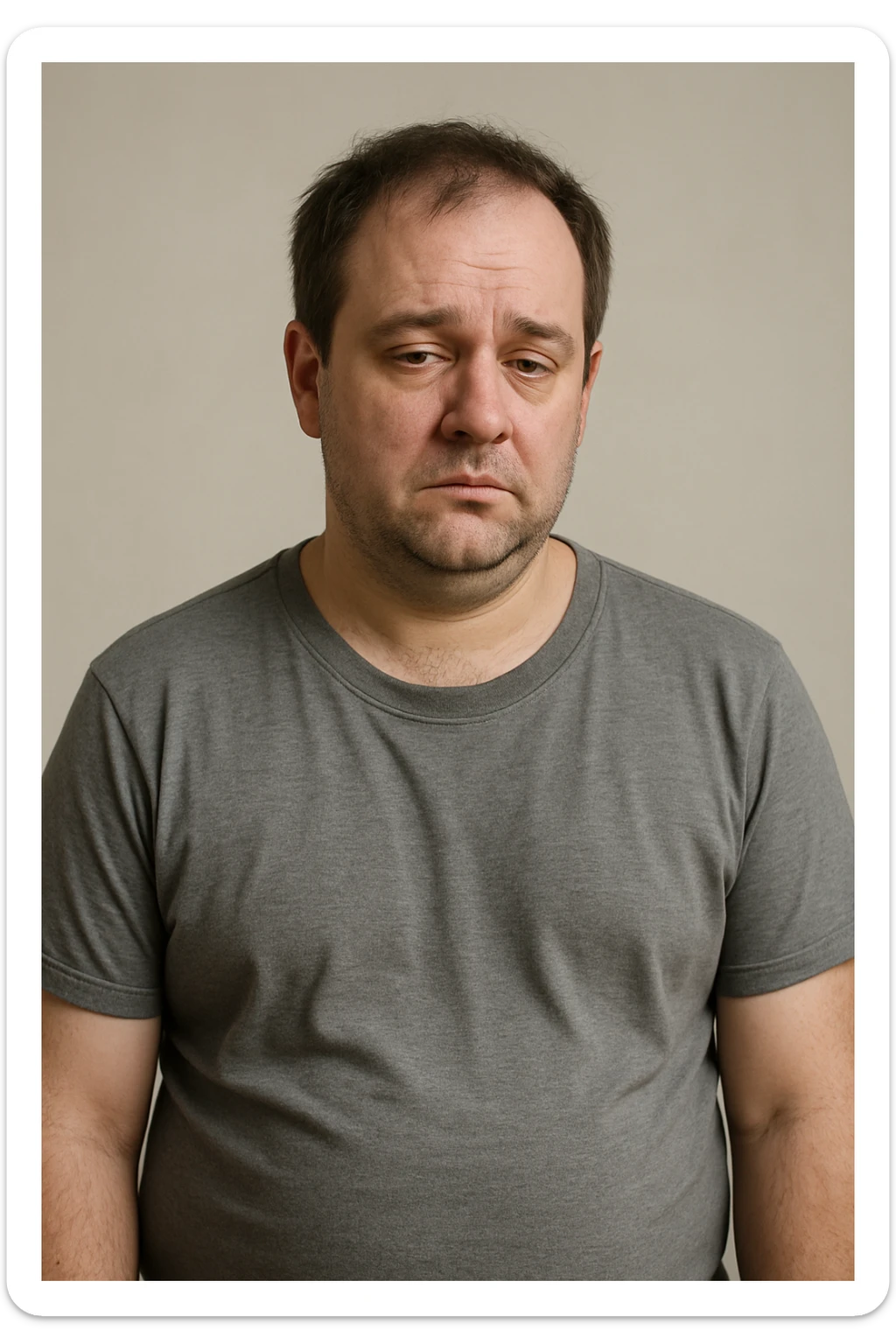 Un uomo caucasico di 35-45 anni, in CGI fotorealistico, che mostra i segni fisici ed emotivi di un basso livello di testosterone. sticker