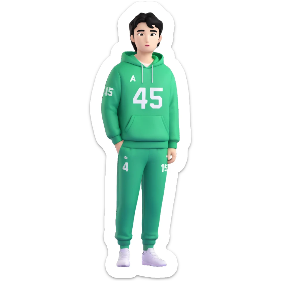 Draw Seong Gi-hun (Player 456), Korean male, messy black hair, green tracksuit with white number 456 printed on chest. sticker