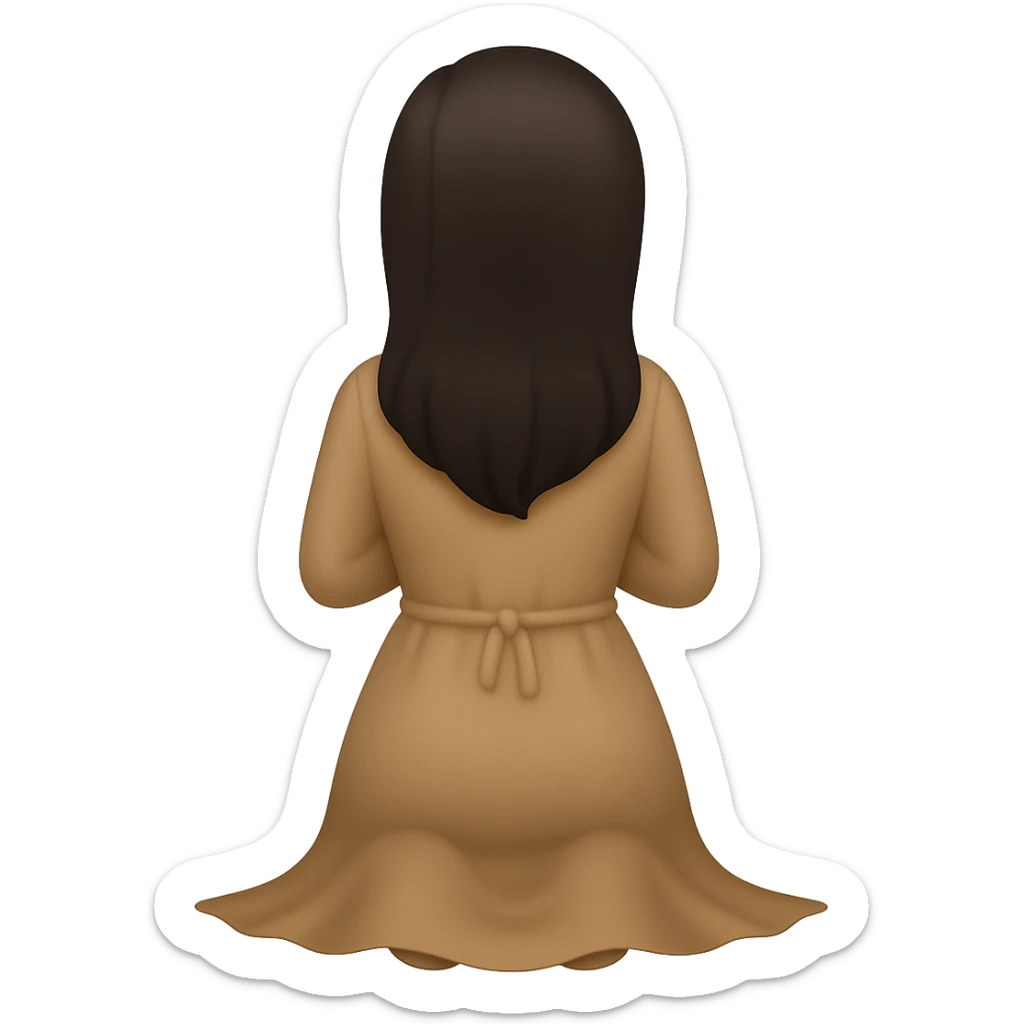 Edit the image to show a woman kneeling and praying from the back view, wearing a long tan dress and having dark brown hair. The style should resemble emoji style. Remove the background completely. sticker