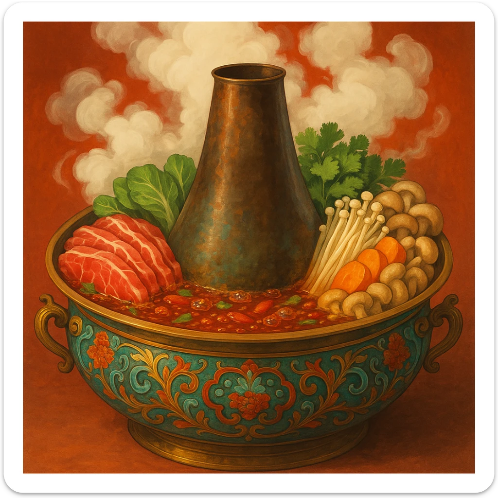 traditional Asian style hotpot, ornate pot, lots of steam, vibrant colors sticker