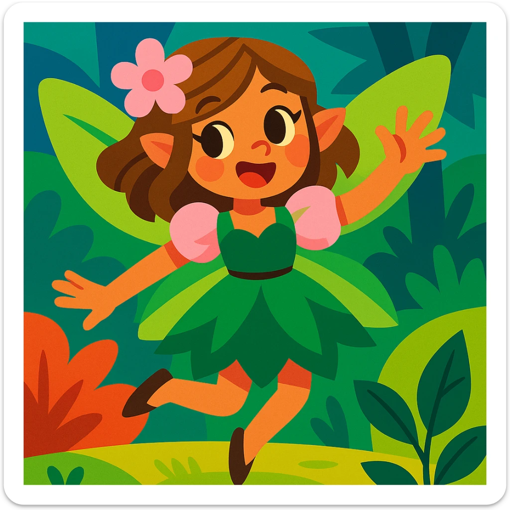 fairycore girl with brown, light pink, and green fairy clothes and wings, light brown hair, playful and colorful, vibrant toon style sticker