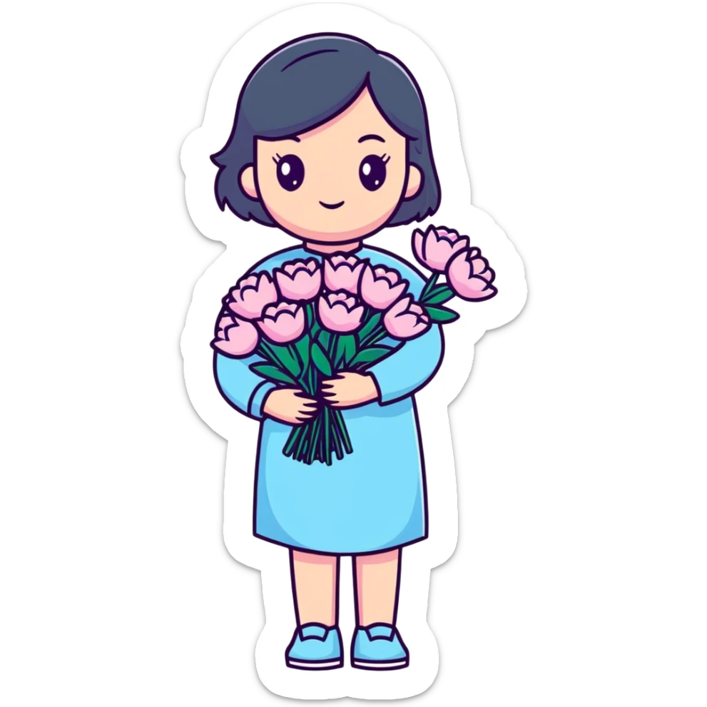 girl wearing pastel blue clothes holding a bouquet of pink flowers sticker