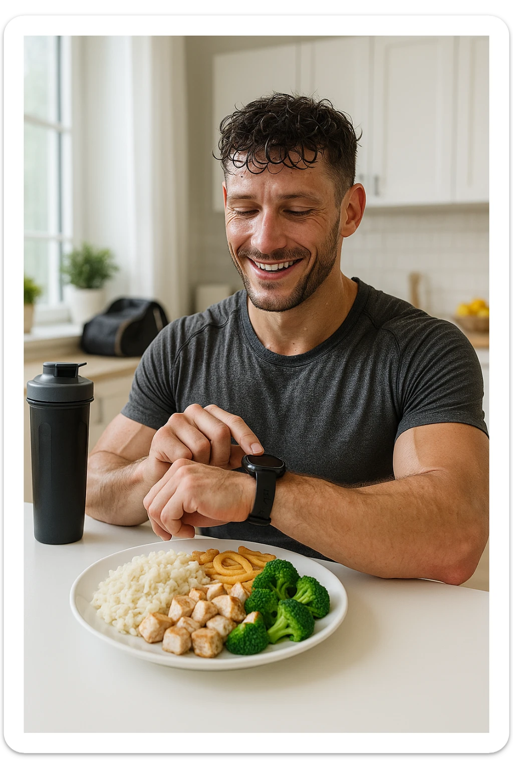 a fit man in his 30s, still in gym clothes and slightly sweaty, sits at a kitchen table right after a workout. In front of him is a balanced meal with a generous portion of rice, pasta, or potatoes, along with lean protein and vegetables. He checks his watch or a fitness app, smiling with satisfaction as he times his post-workout meal. The background is a bright, modern kitchen, with a shaker bottle and gym bag visible. sticker
