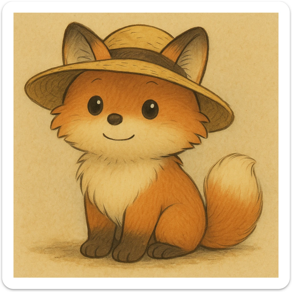 A cute, fluffy fox with a round head in the style of Studio Ghibli, wearing a hat. sticker