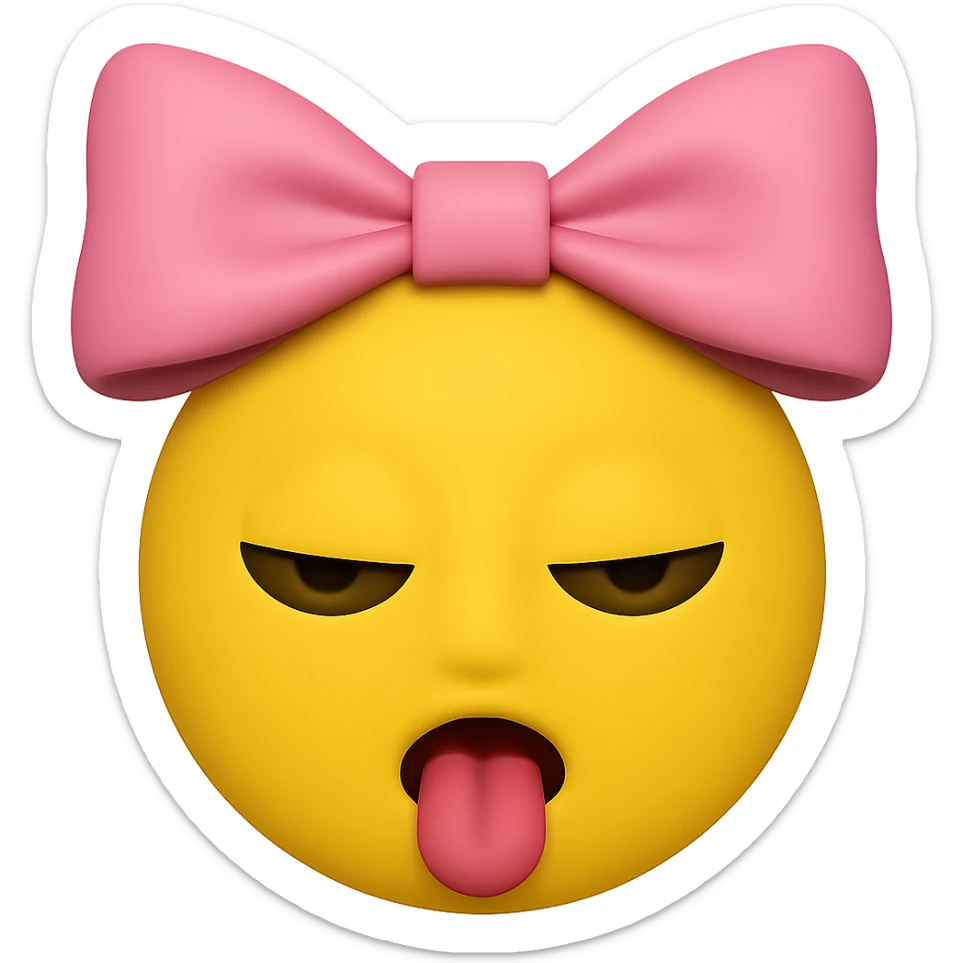 Edit the image to remove the hair and make the skin yellow. Keep the tongue out, eyes closed, and the bow on the head. The style should resemble emoji style. Remove the background completely. sticker