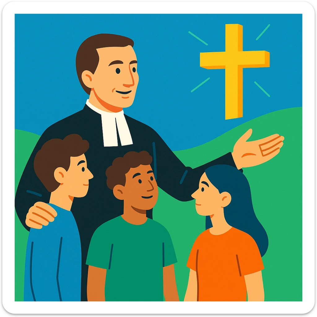modern Christian vocational animation, Brother Gabriel Taborin guiding young people, minimalist and current style, blue and green tones, symbol of Christian hope sticker
