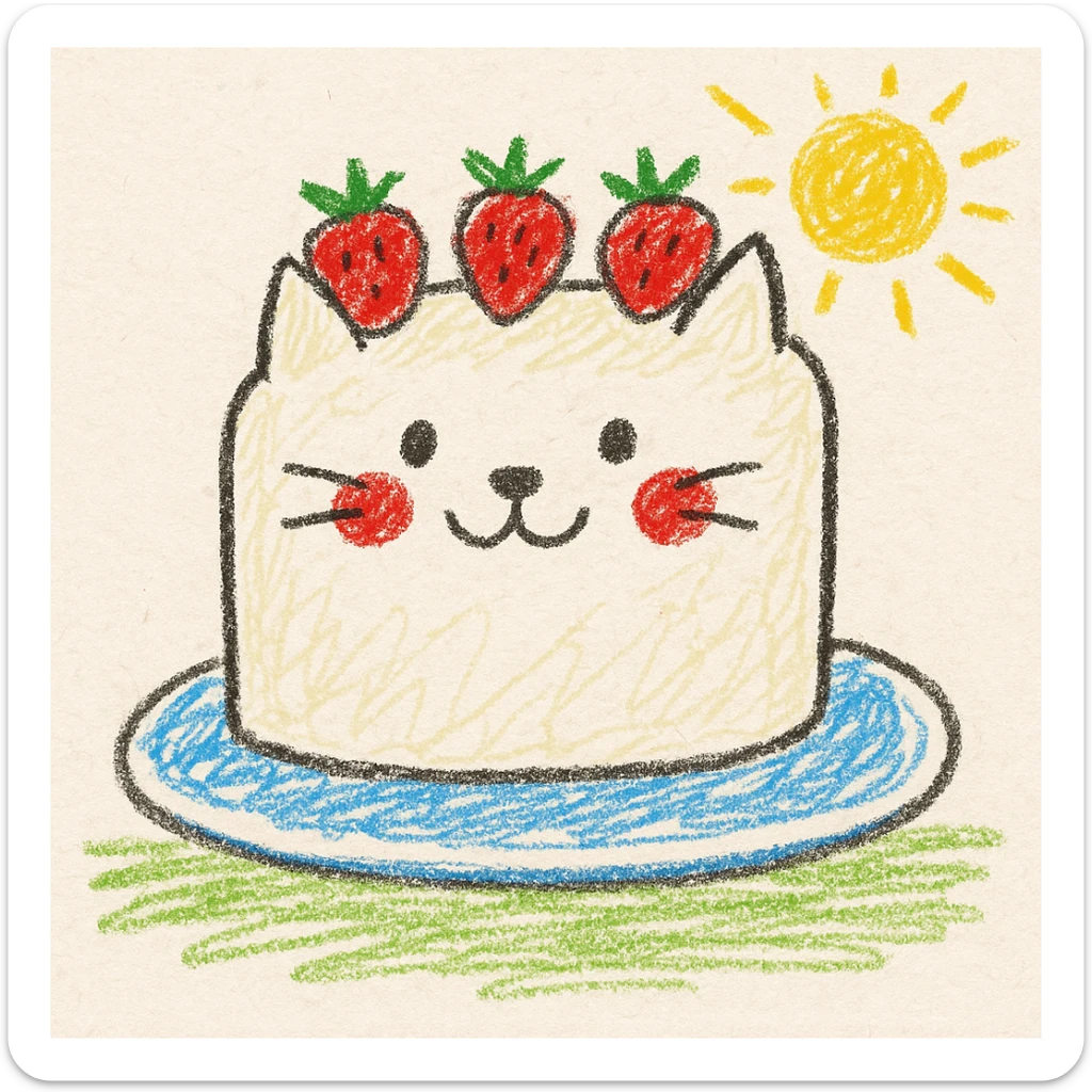 white cake shaped like a cat with strawberries on top, children doodle style, fun and friendly sticker