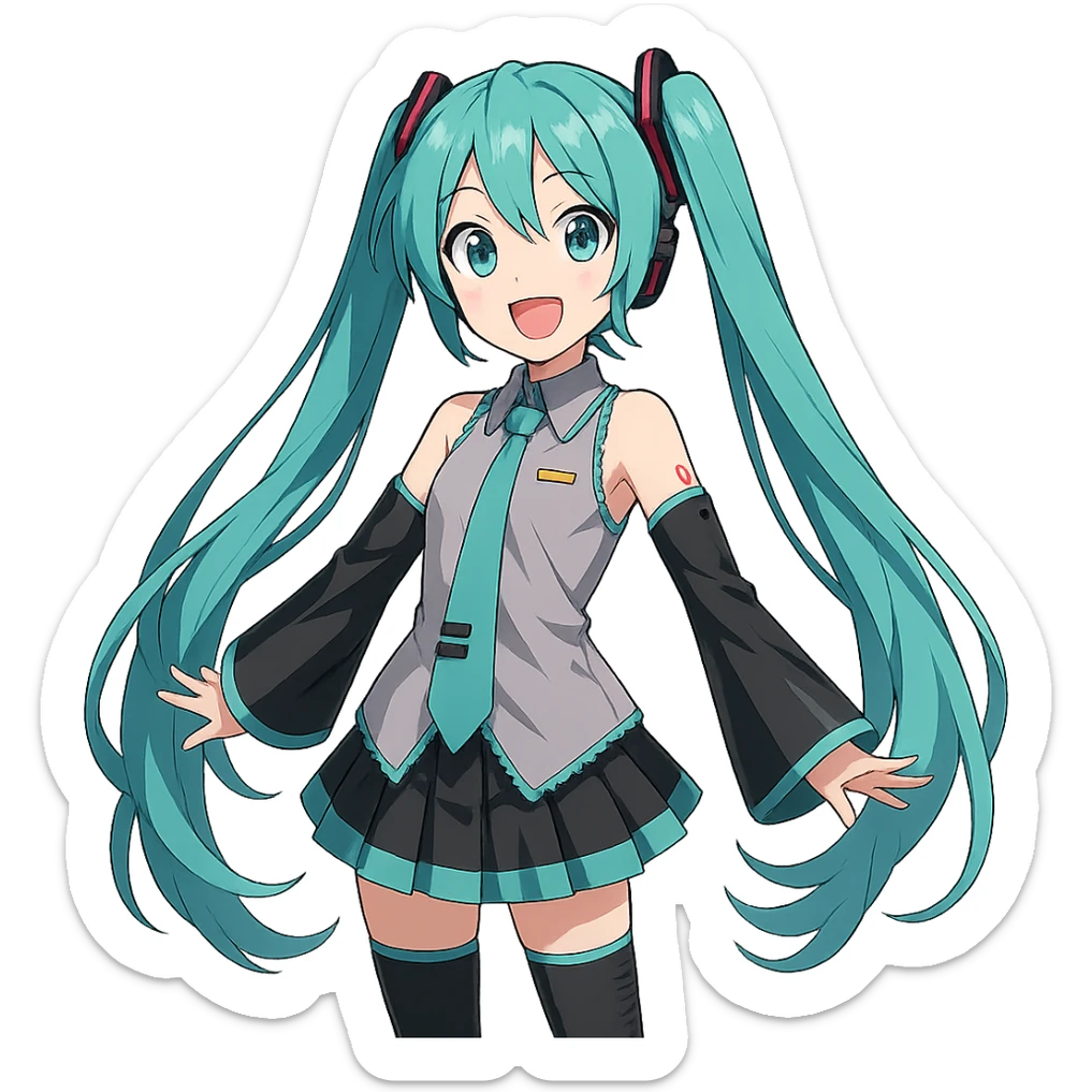 Hatsune Miku, anime style, signature outfit, teal pigtails, cheerful sticker