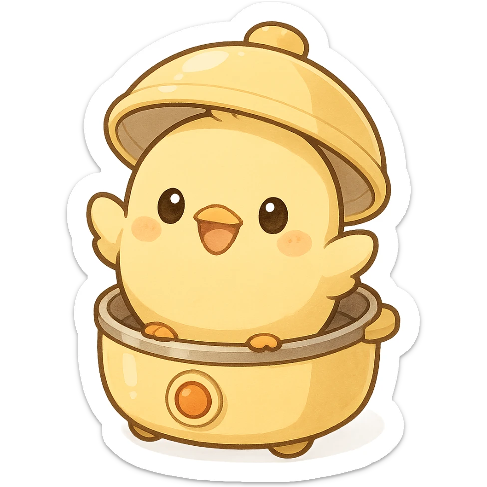 chibi egg cooker chick appliance-animal hybrid, popping out of the lid, smiling brightly, soft yellow tones, full-body, transparent background, 电器拟动物风格 sticker