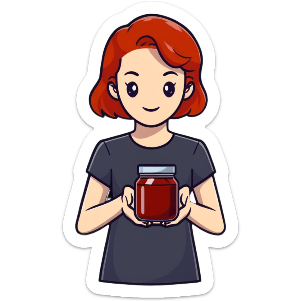redhead woman showing a glass jar with jam at arms length, closeup sticker